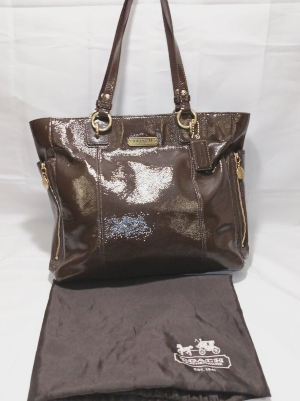 Coach Gallery Mahogany Patent Leather Zipper Tote with Dust Bag, EUC